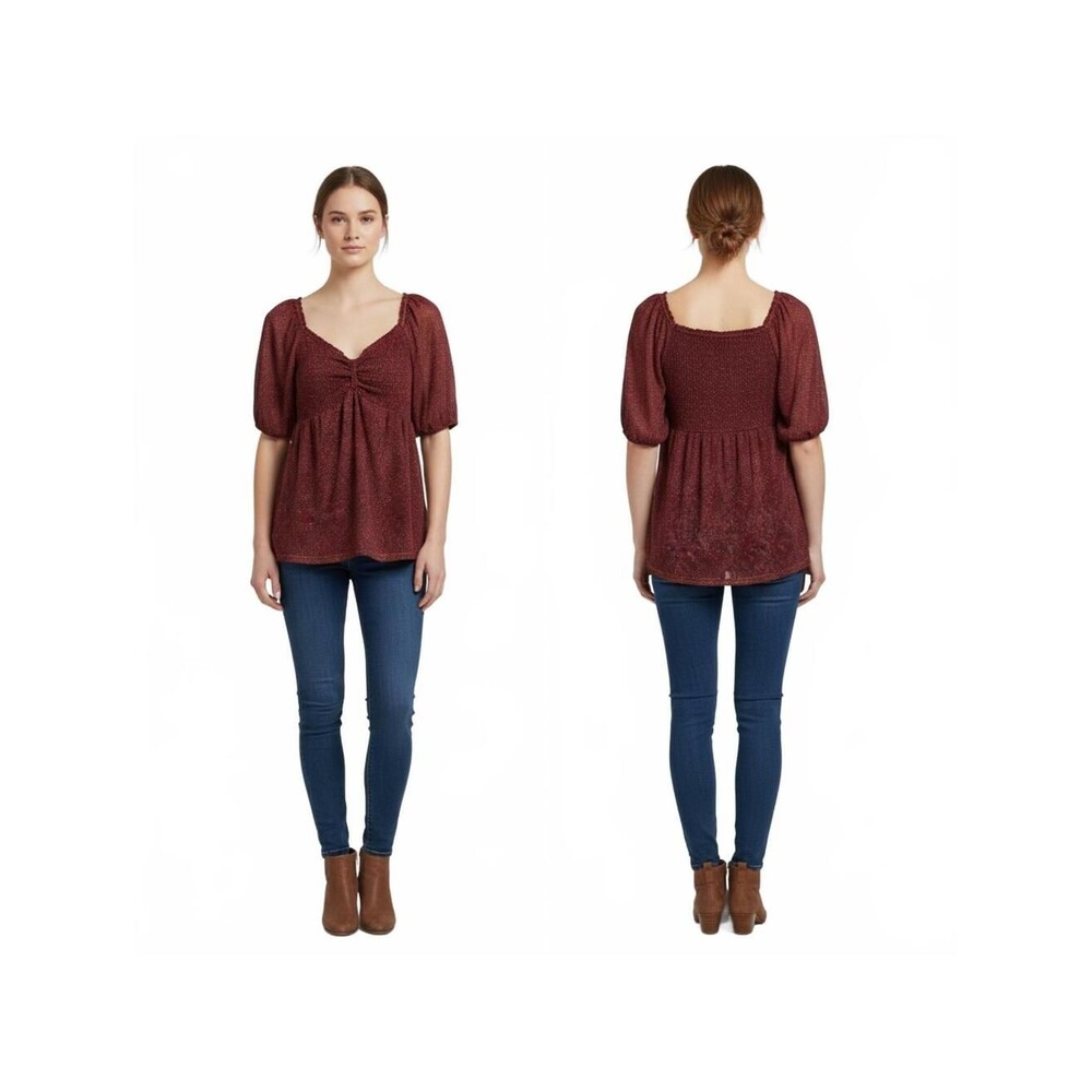 DR2 Top Smocked Blouse Square Neck Burgundy Casual Medium